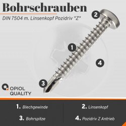 Bohrschrauben mit Senkkopf Z Form, Pozidriv DIN 7504 Edelstahl A2