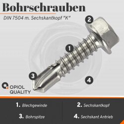 Bohrschrauben DIN 7504 A2 K mit Sechskantkopf und Bund, Form K Edelstahl A2
