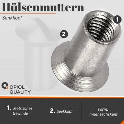 Hülsenmuttern mit Senkkopf u. Innensechskant Edelstahl A1