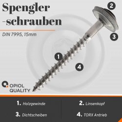 Spenglerschrauben TORX TX-25 mit U-Scheibe (15mm) ähnl. DIN 7995 Edelstahl A2