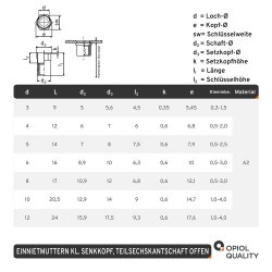 Einnietmuttern kl. Senkkopf, Teilsechskantschaft offen...