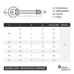 Augbolzen mit metrischem Gewinde M6x80 Edelstahl A4