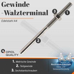 Gewinde-Walzterminal für D=8 mm/M16 Außengewinde rechts, Edelstahl A4