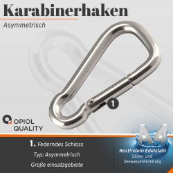 Karabinerhaken 6x60 asymmetrisch, Edelstahl A4