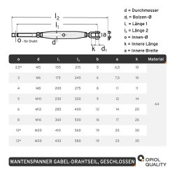 Wantenspanner D=6 M12 Gabel/Drahtseil geschweißt, geschlossen, Edelstahl A4