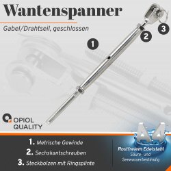 Wantenspanner D=6 M12 Gabel/Drahtseil geschweißt, geschlossen, Edelstahl A4