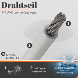 3/5 Drahtseil 7X7, PVC ummantelt, weiss, Edelstahl A4