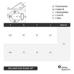Relingfuss 30°  Rund 22mm