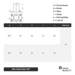 Relingfuss 90&deg;  Edelstahl A4 22mm