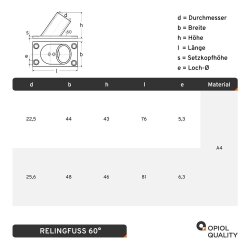 Relingfuss 60&deg;  25mm Edelstahl A4