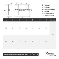 Anschweisscharnier 118 mm Edelstahl A2