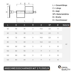 Anschweisscharnier L 102 mm Edelstahl A2&nbsp;