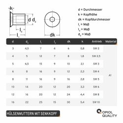 100 Stück Hülsenmuttern M6 X 16 mit Senkkopf u. Innensechskant Edelstahl A1
