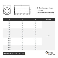 1 Stück Gewindemuffen M10 X 20 (SW17) Sechskant, Edelstahl A2