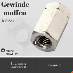 1 Stück Gewindemuffen M10 X 20 (SW17) Sechskant, Edelstahl A2
