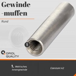 1 Stück Gewindemuffen M6x30 (D=10) rund, Edelstahl A2