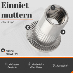 1 Stück Flachkopf-Einnietmuttern, Rundschaft offen, gerändelt M10X22 Edelstahl A2