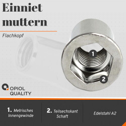 1 Stück Flachkopf-Einnietmuttern, Teilsechskantschaft offen M10X22 Edelstahl A2