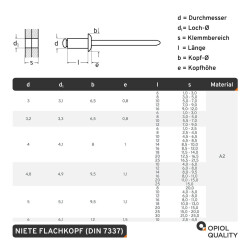 5 Stück Blindniet 3,0 X 10 mm mit Flachkopf DIN 7337 Edelstahl A2
