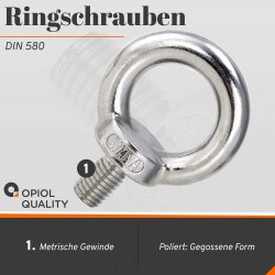 1 Stück Ringschrauben M10 gegossen u. poliert ähnl. DIN 580 Edelstahl A2