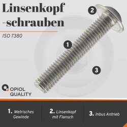 5 Stück Linsenkopfschrauben M6 X 60/60 mit Flansch ISO 7380, Innensechskant, Vollgewinde, Edelstahl A2