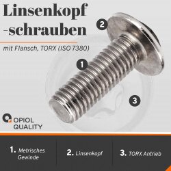 1 Stück Linsenkopfschrauben M10 X 25/25 mit Flansch ISO 7380, TORX, Vollgewinde, Edelstahl A2
