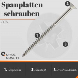 1 Stück Spanplattenschrauben 5x70/42 Kreuzschlitz POZI "Z" (Teilgewinde), Senkkopf, Edelstahl A2