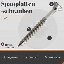 1 Stück Spanplattenschrauben 5x80/50 mit Innensechsrund (TX 25), Teilgewinde, Senkkopf, Edelstahl A2