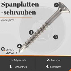 1 Stück Spanplattenschrauben 5 X 45/30 TORX T-25 mit Bohrspitze (Teilgewinde), Senkkopf u. Innensechsrund, Edelstahl A2