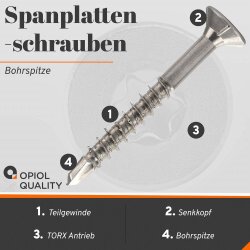 1 Stück Spanplattenschrauben 5 X 70/42 TORX T-25 mit Bohrspitze (Teilgewinde), Senkkopf u. Innensechsrund, Edelstahl A2