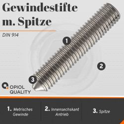 1 Stück Gewindestifte M10 X 16 mit Innensechskant u. Spitze DIN 914 Edelstahl A2