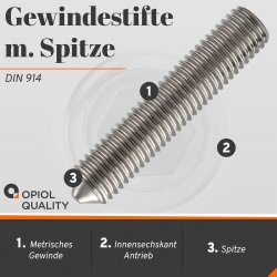 1 Stück Gewindestifte M10 X 30 mit Innensechskant u. Spitze DIN 914 Edelstahl A2