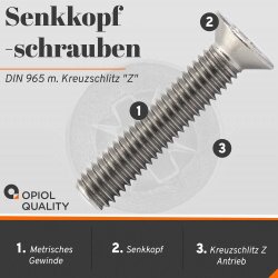 1 Stück Senkkopfschrauben M5 X 16 mit Kreuzschlitz "Z" DIN 965 Edelstahl A2