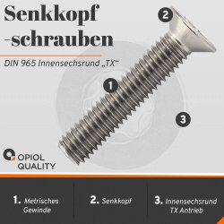 1 Stück Senkkopfschrauben M4 X 20 mit Innensechsrund "TX" - T20 DIN 965 Edelstahl A2