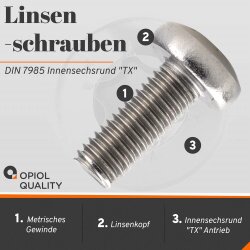 1 Stück Linsenschrauben M6 X 25 mit Innensechsrund "TX" - T30 DIN 7985 Edelstahl A2